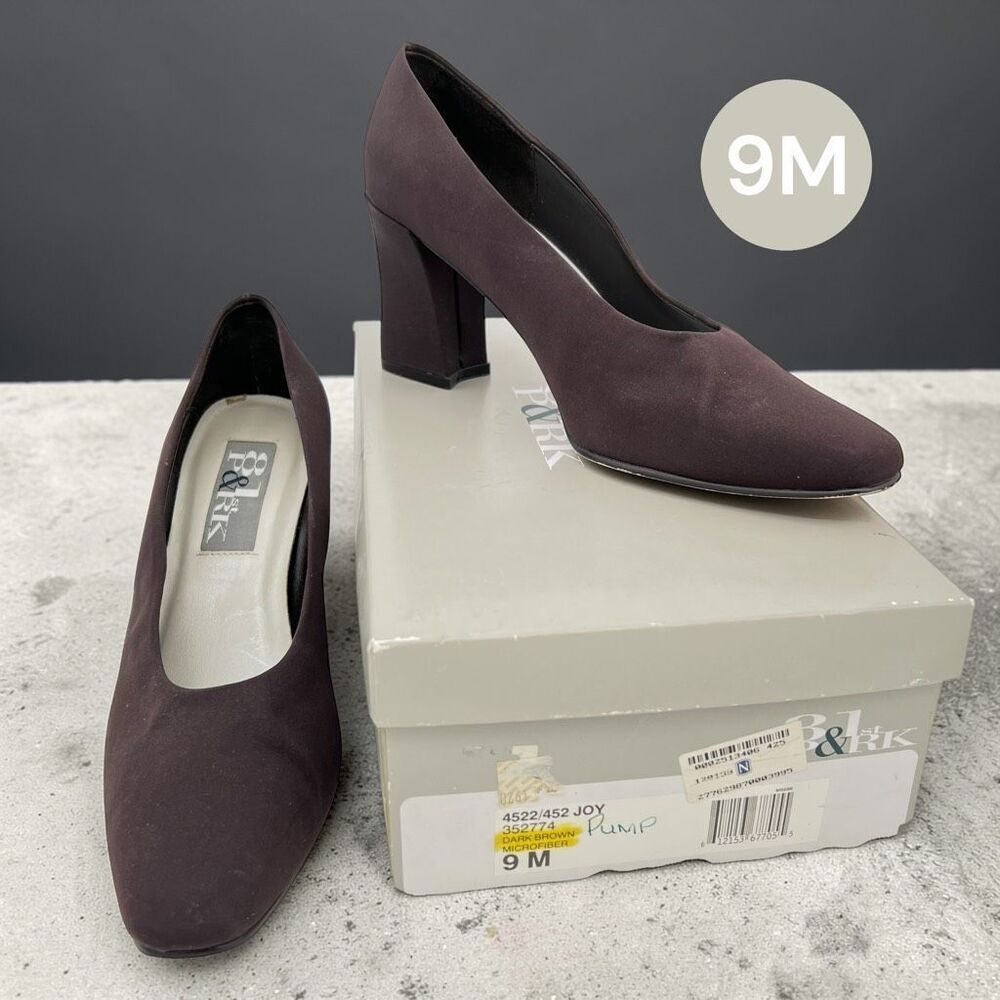 81st & Park Women's Microfiber Block Heel Joy Slip-on Pumps Dark Brown Size 9M